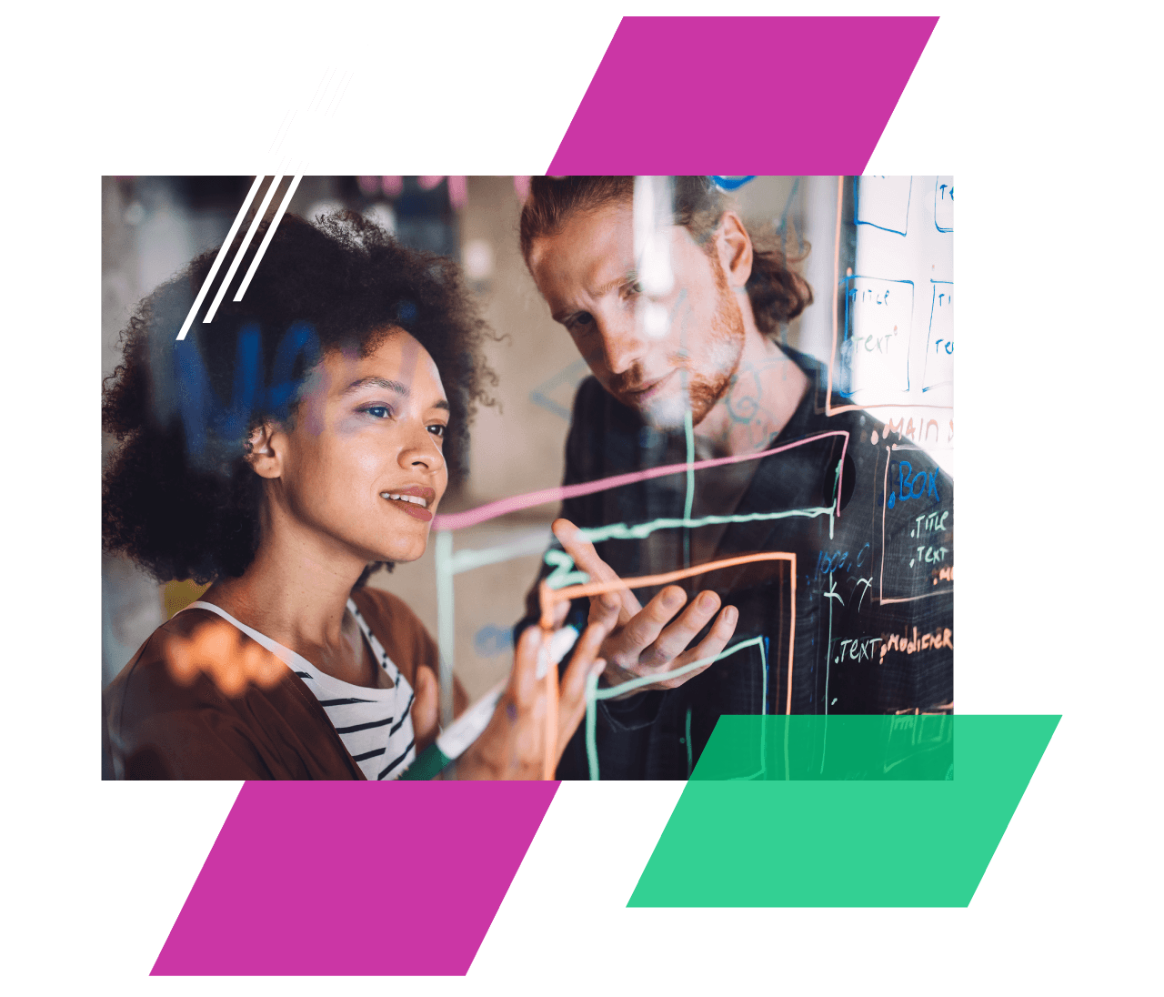 A man and woman making notes on a whiteboard