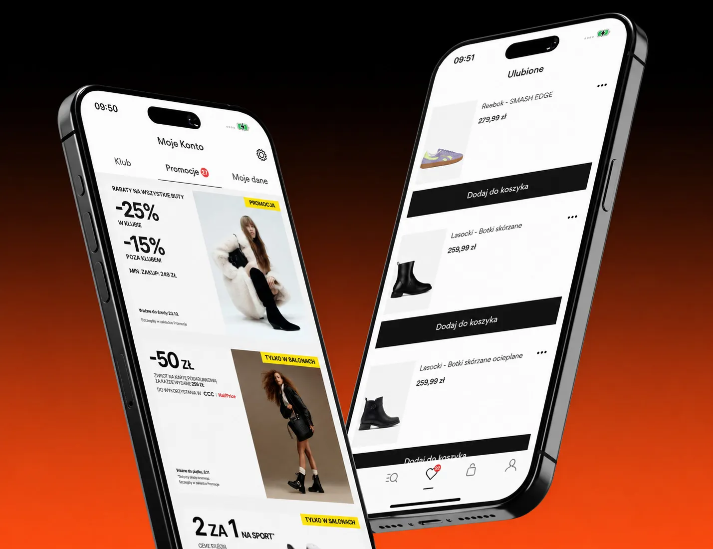 Two phones displaying the CCC app on an orange and black gradient background.