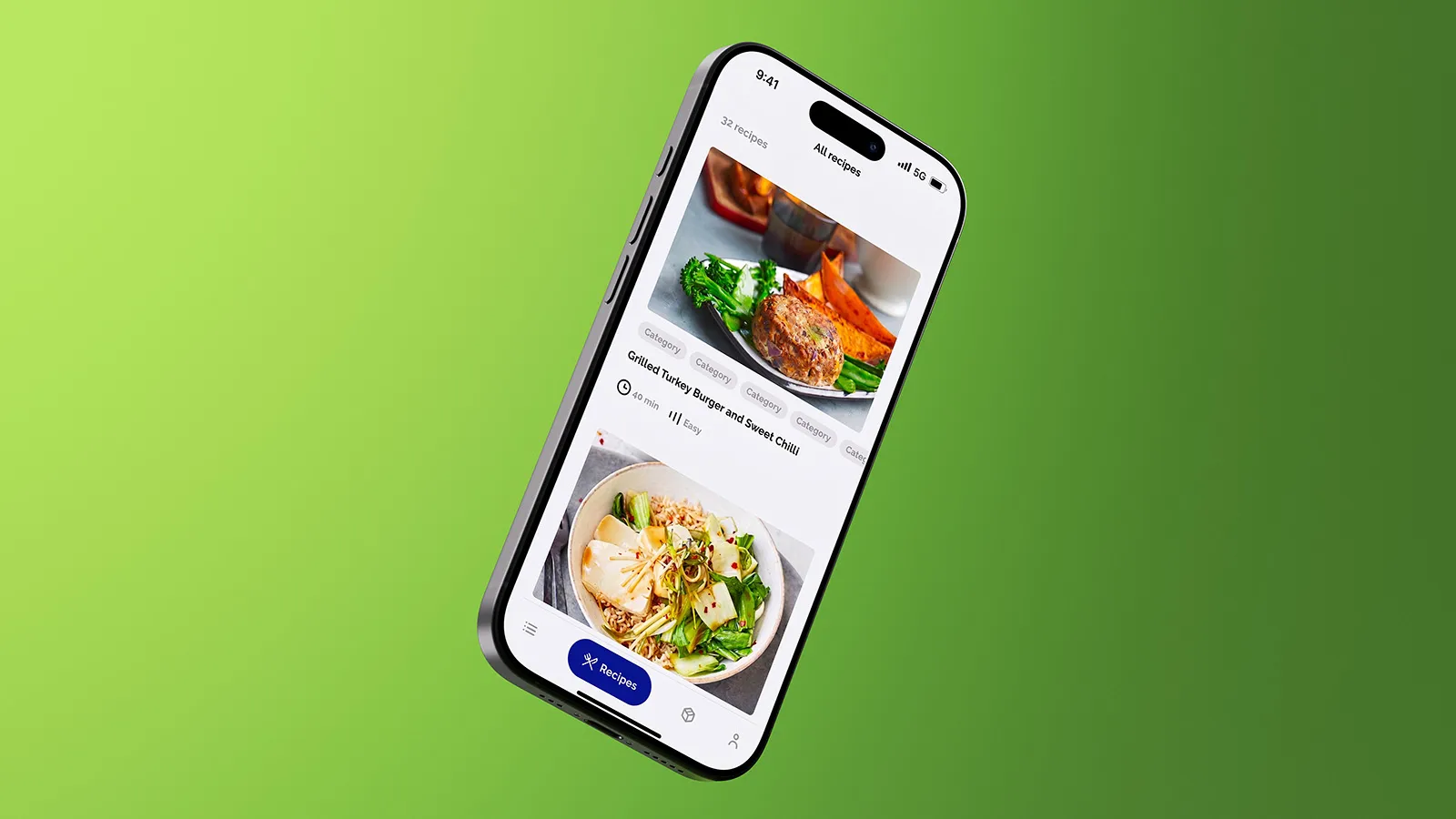 Angled smartphone displaying a food app with colorful dishes, including grilled meat and pasta salad, against a bright green background.