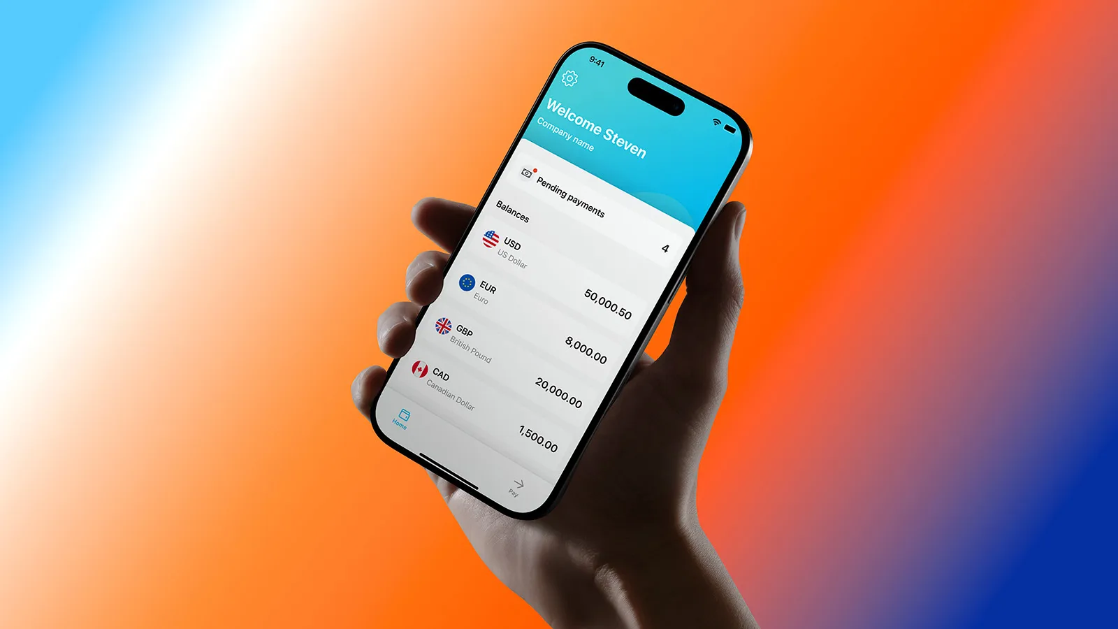 A hand holds a smartphone displaying a mobile banking app with a welcome screen and transaction list, against a vibrant blue, orange, and red gradient.
