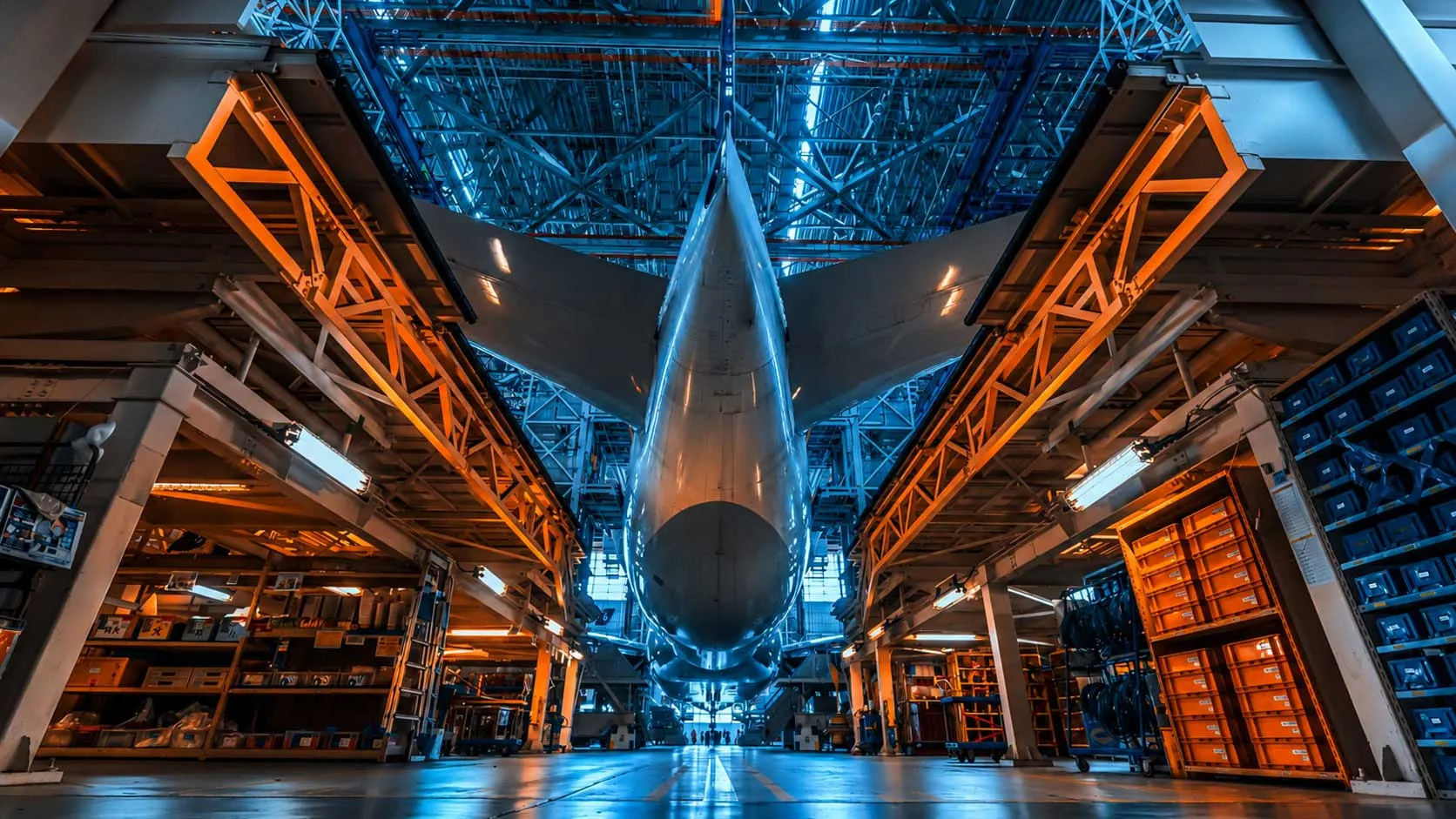 Commercial aircraft undergoing maintenance inside a hangar, illuminated with orange and blue lighting.