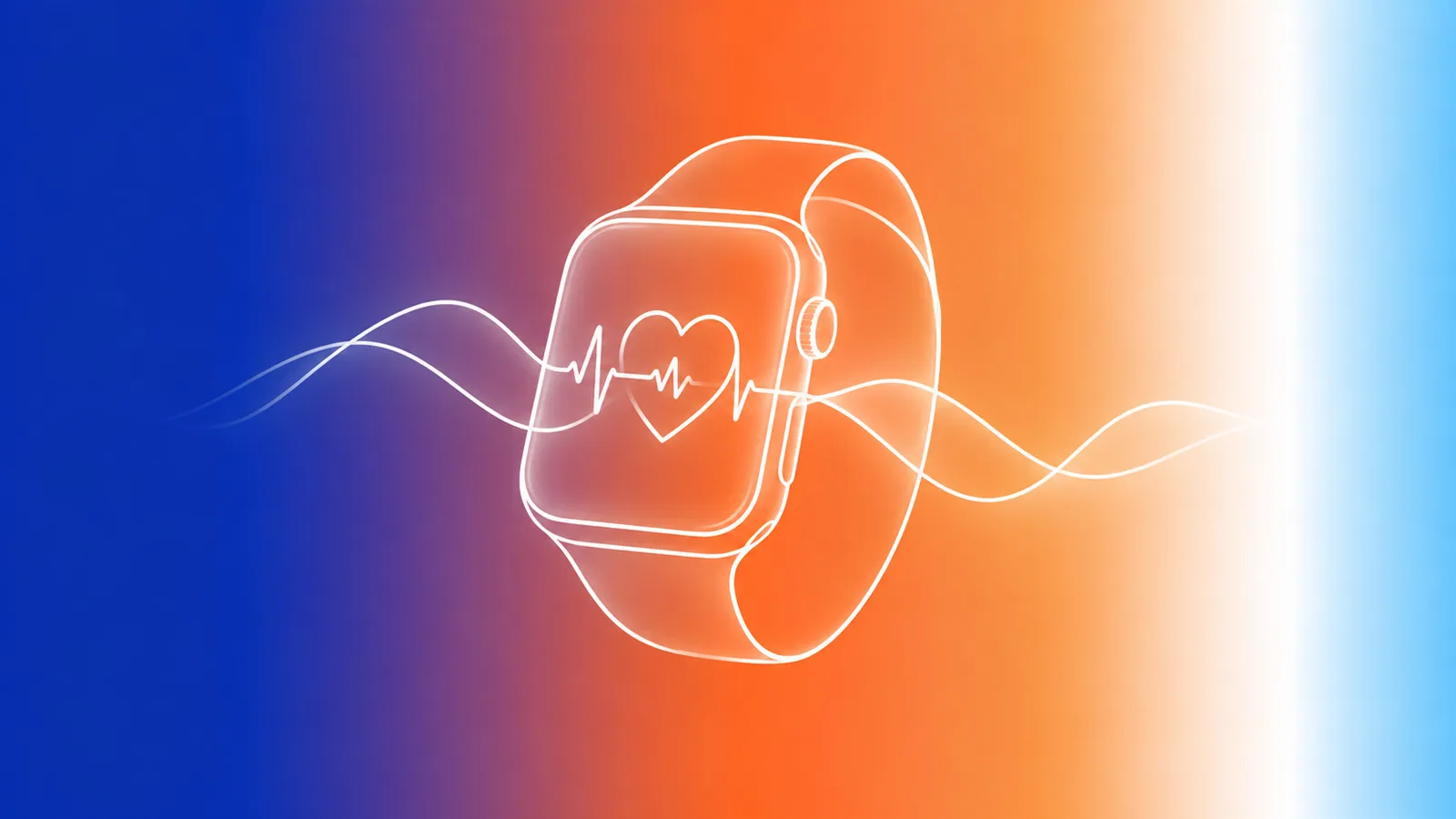 White line illustration of an Apple Watch displaying a heart and ECG waveform against a blue, orange and white gradient background.