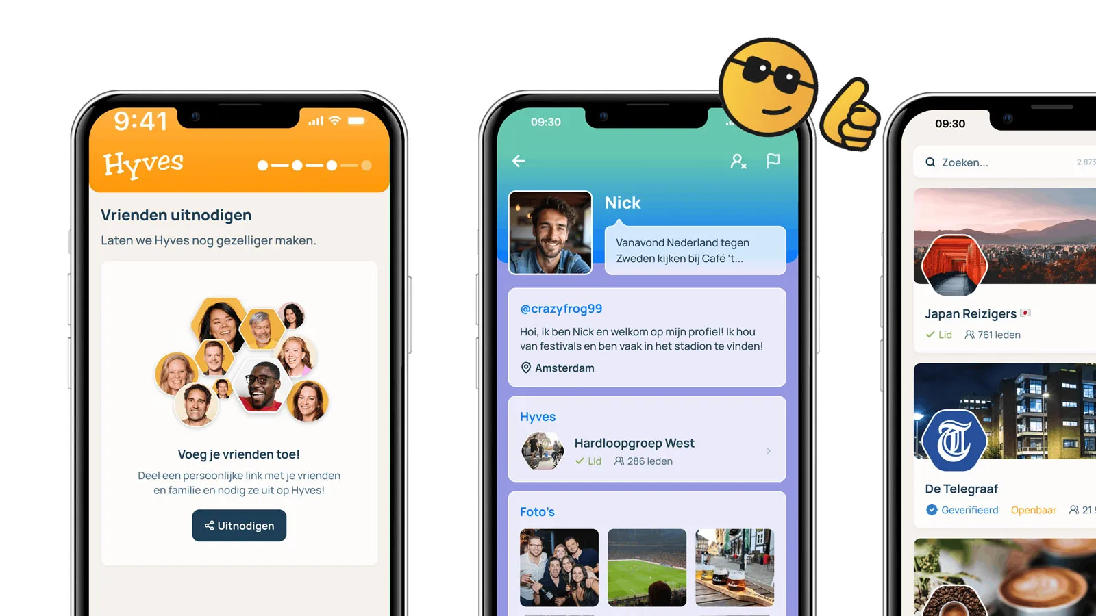 Hyves-app op drie smartphones, met schermen voor vrienden uitnodigen, een gebruikersprofiel en communities.