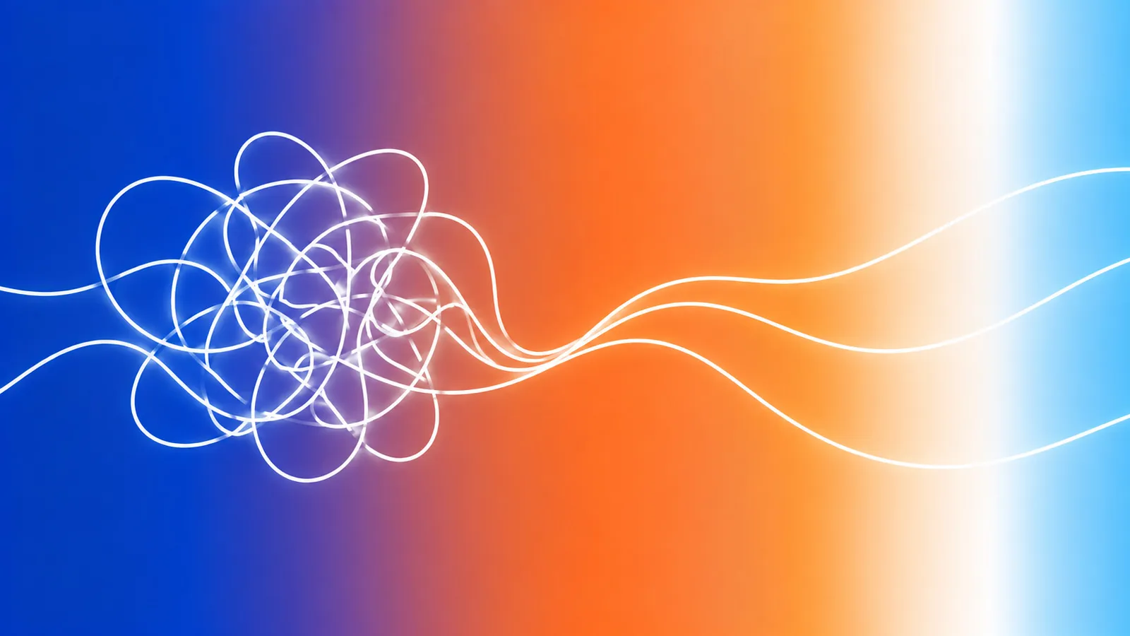 Abstract white lines unravel from a tangled knot into smooth flowing curves against a blue, orange and white gradient background.