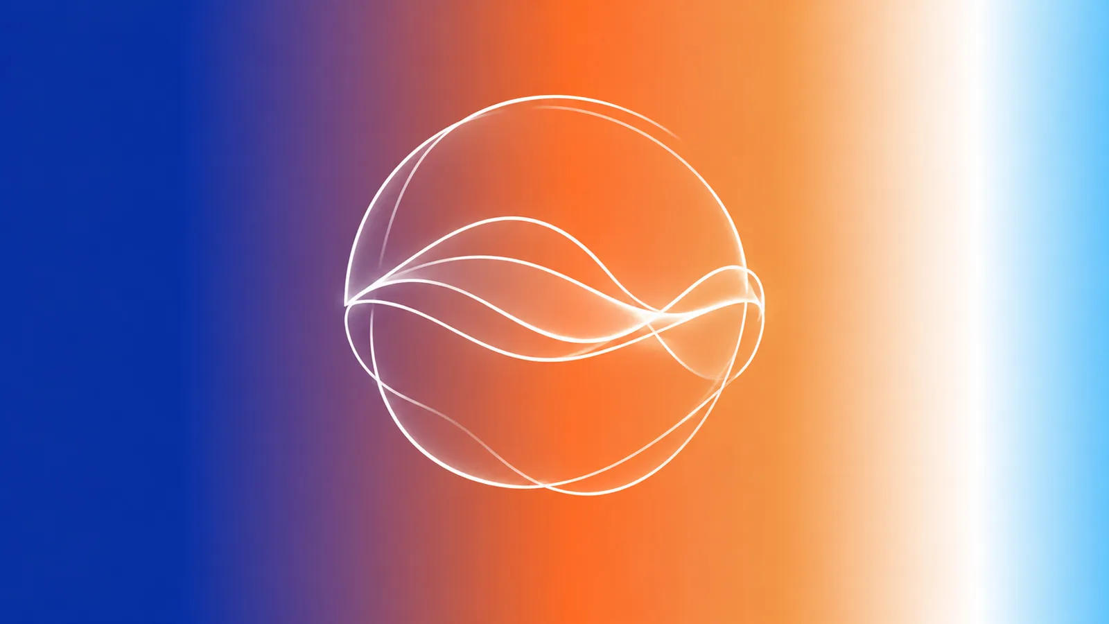 Abstract white line illustration inspired by Siri AI, with flowing waveforms forming an orb against a blue, orange and white gradient background.